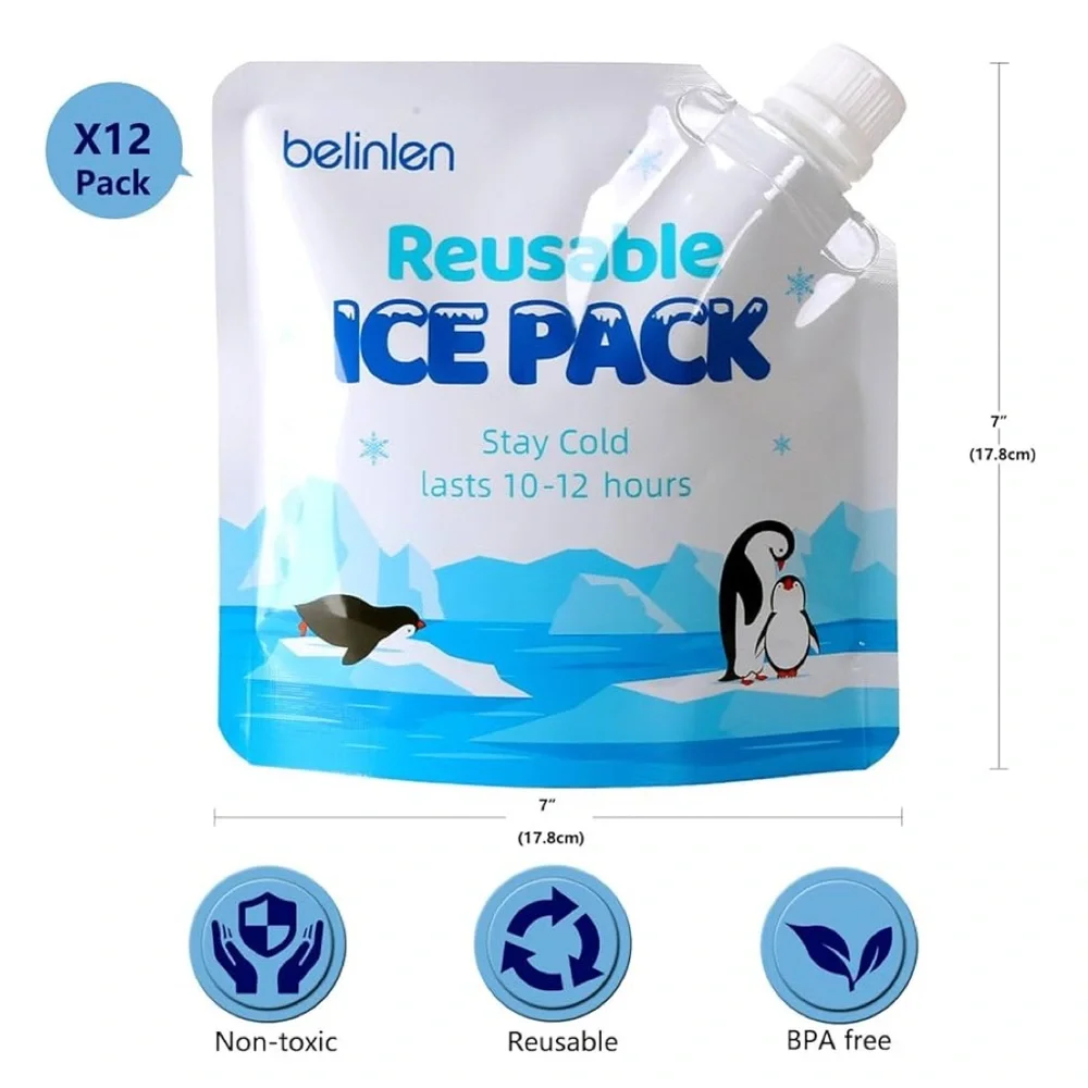 Set of 12 Belinlen Reusable Ice Packs NWOB with funnel
